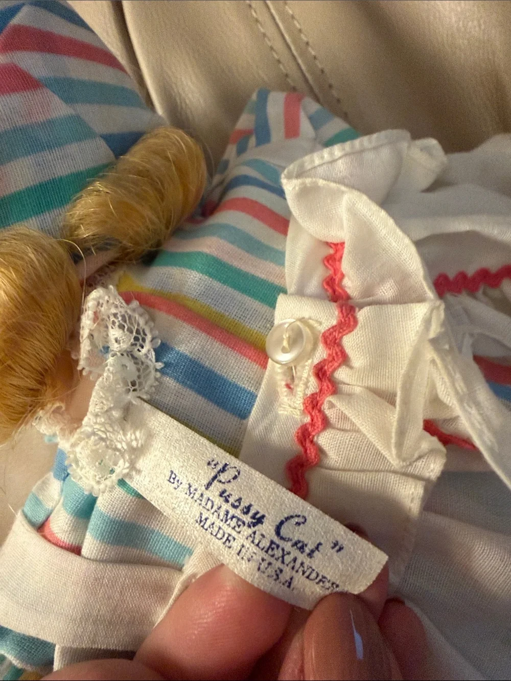 Vintage- Madame Alexander Baby Doll in White Dress with Multicolor Stripes